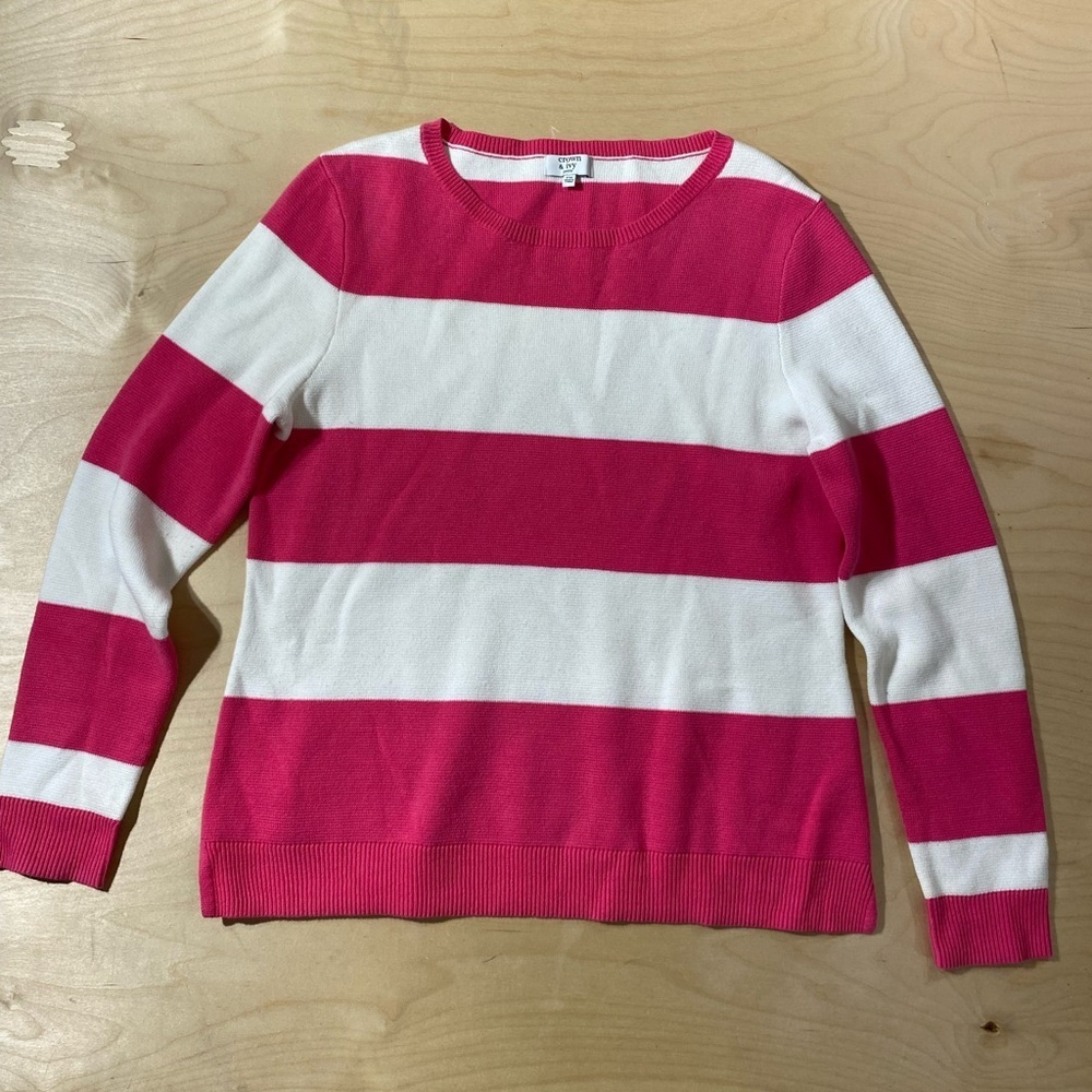 Crown & Ivy Striped Pink and White Crewneck Sweater PM (QU)